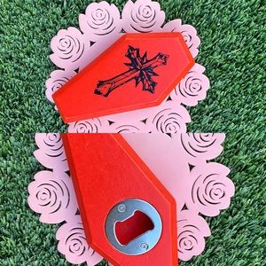 Red Coffin Black Cross Goth Bottle Opener